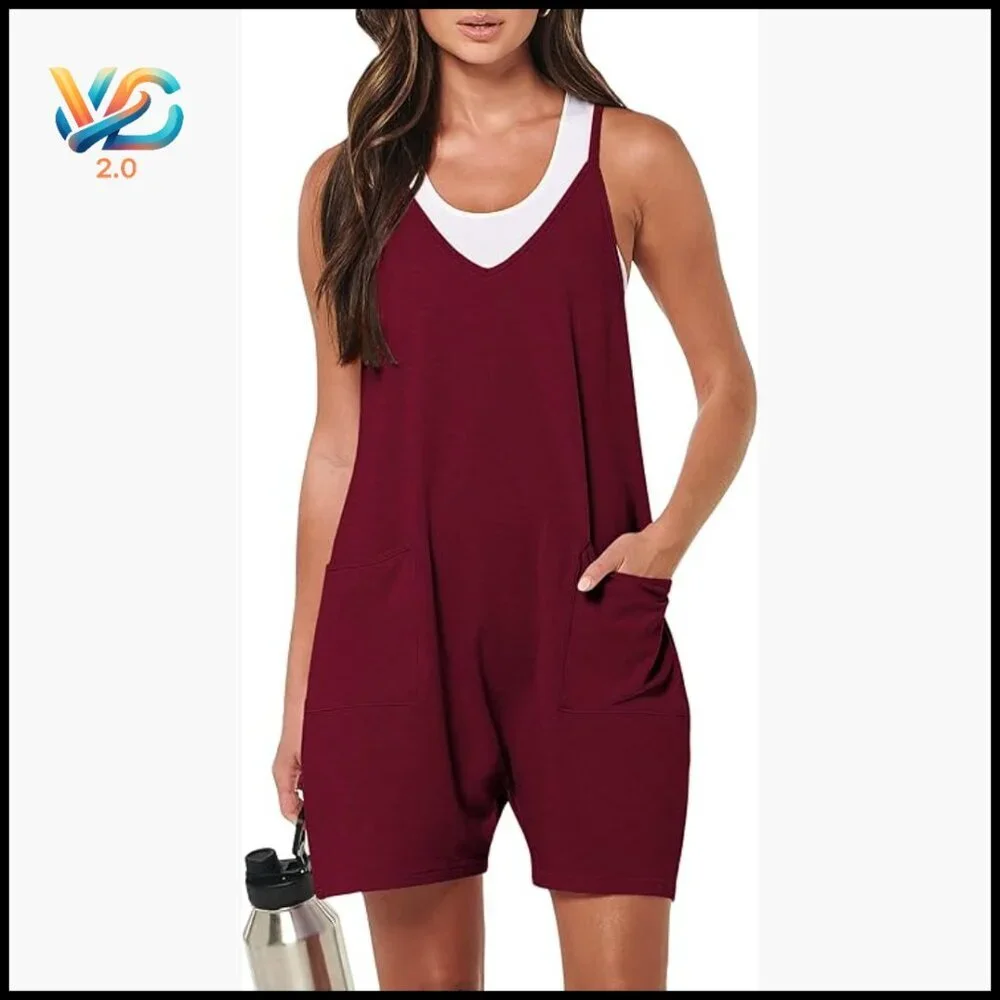 Sleeveless Romper Jumpsuit with Pockets, Loose Fit, Polyester Blend